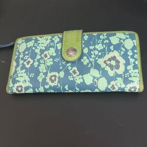 Fossil Floral Leather Wallet Wristlet Blue Green Snap Closure Zip Coin